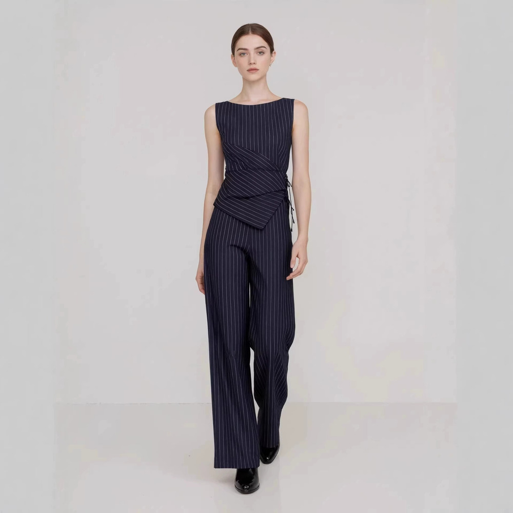 ZARA Womens Business Striped Sleeveless Asymmetric Top Straight Leg Pants